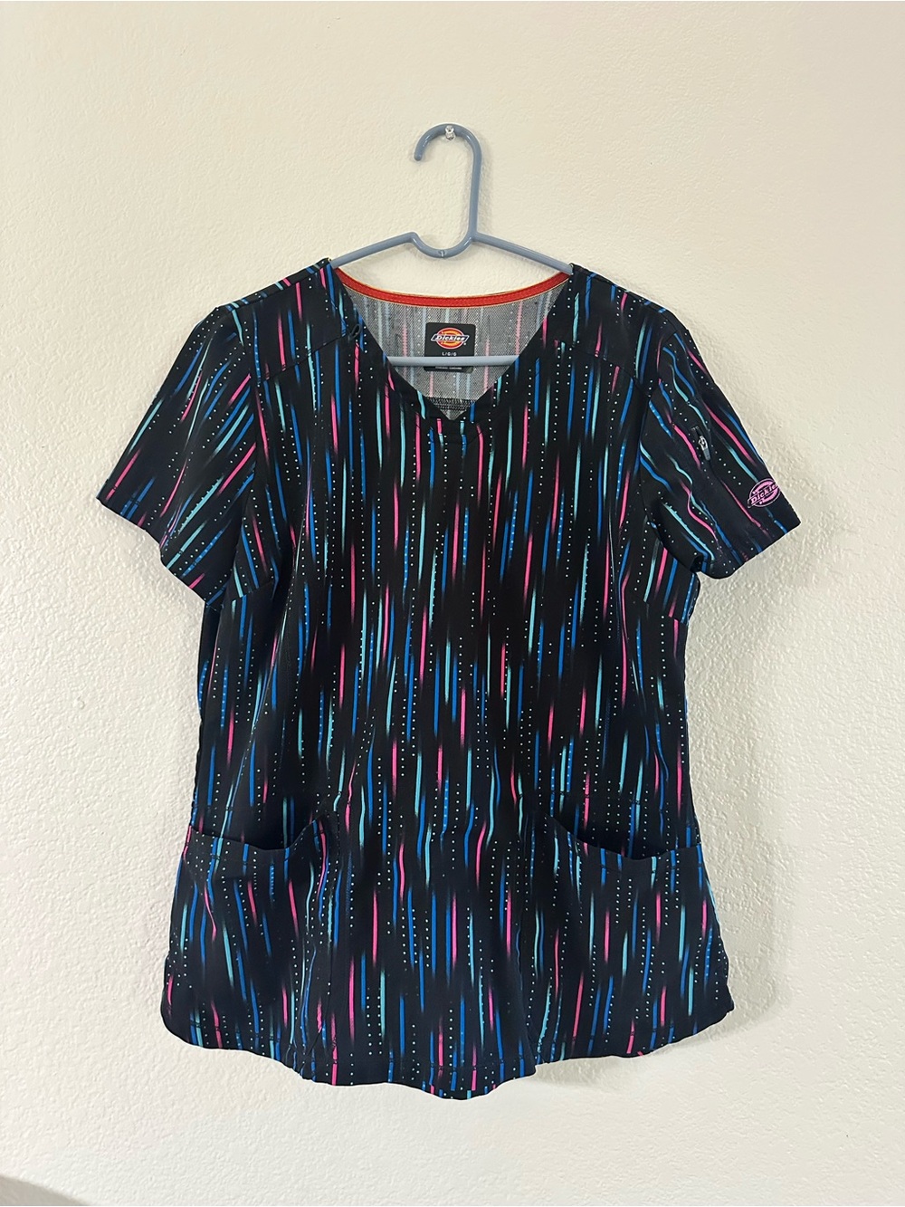 Dickies Women's Black V-Neck Scrub Top with Blue and Pink Stripes